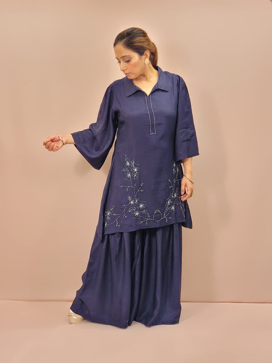 Blue Collared Kameez with Palazzo Coord Set. Medium Length Kurta with Palazzo.