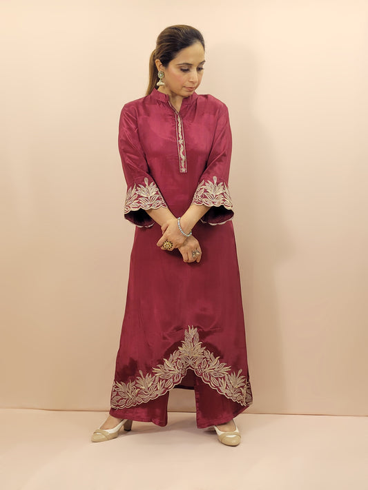 Cherry Maroon Designer Coord Set. Zari Dhaga Embroidery on Neck, Sleeves and Daaman. Matching Pants.