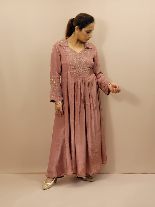 Peach Crepe Anarkali Coord Set. Glass Bead work on Collar, Neck and Sleeves. Matching Pants.