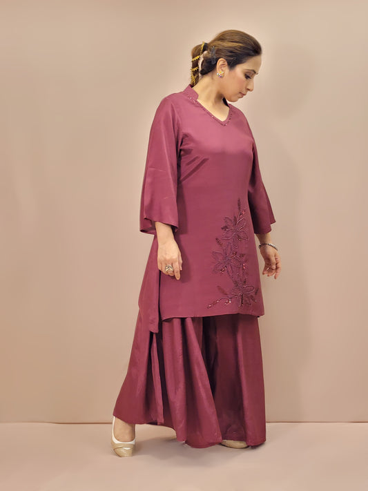 Maroon Coord Set Kurti with Full Flared Palazzo. Subtle Sequins Work on Neckline and Daaman.