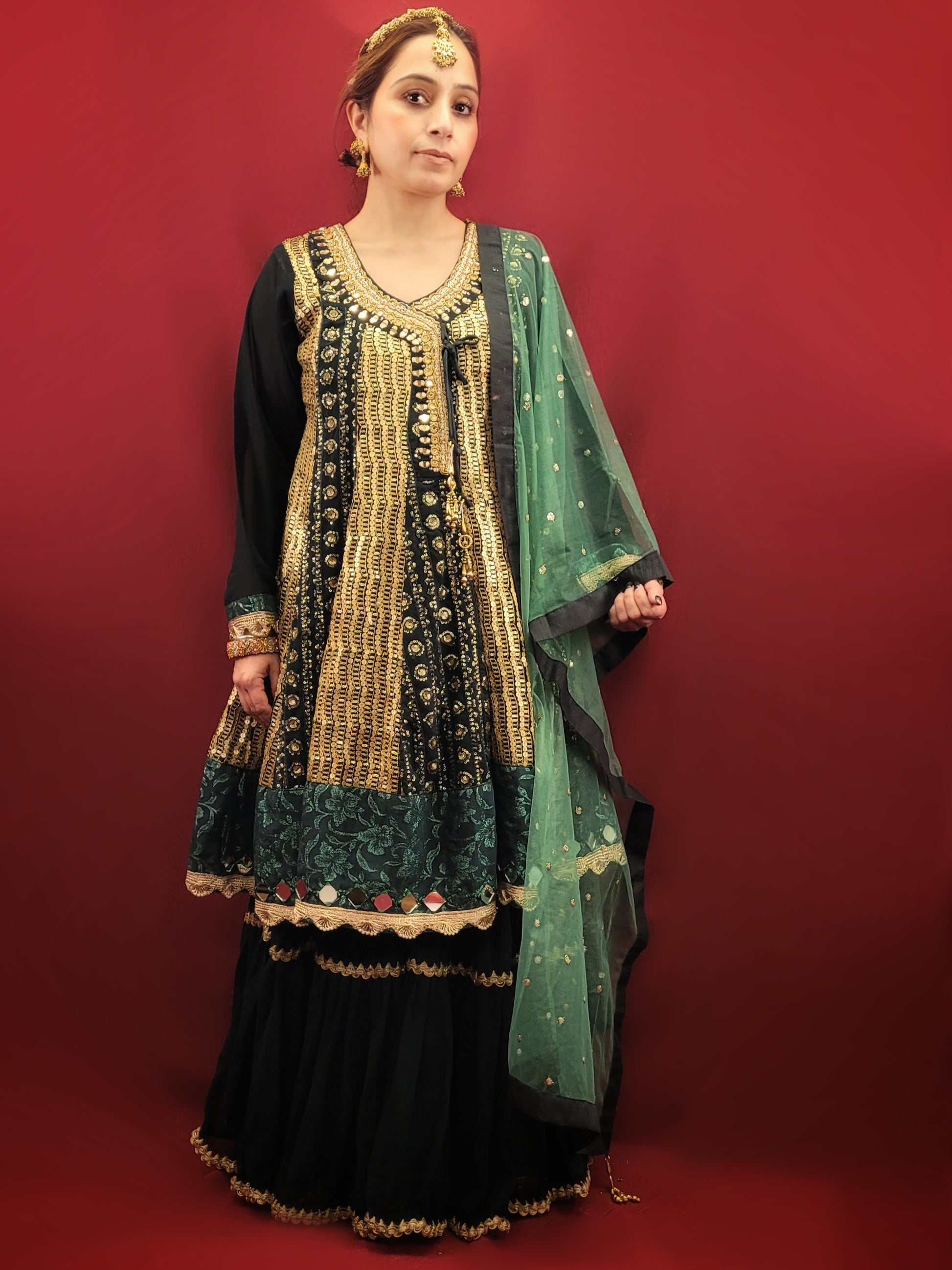 This Bottle Green Georgette Sharara Set features an elegant Angrakha Anarkali Kameez and a beautifully embroidered Net Dupatta. Made with high-quality materials, this set exudes sophistication and style. Perfect for any occasion, it offers both comfort and effortless elegance.