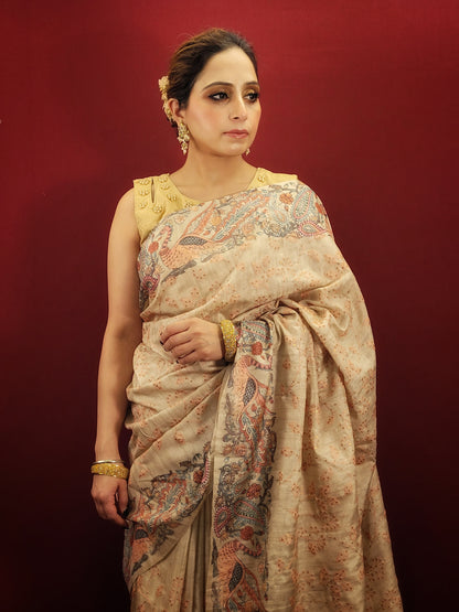 This Silk Saree in Beige color is elegantly woven with resham & some schiffli work on it. It has an unstitched blouse in beige color.