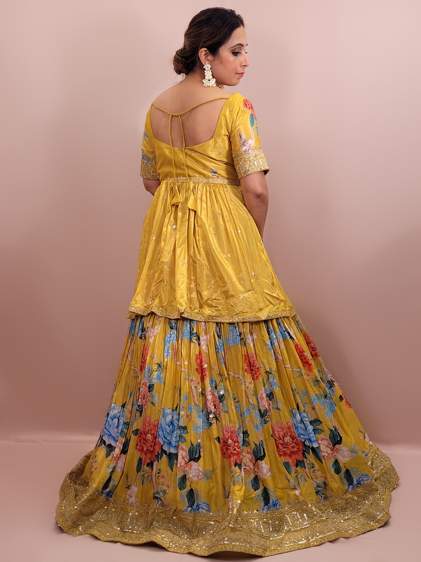 Yellow Multicolor Floral Print Lehenga with Stylish Top