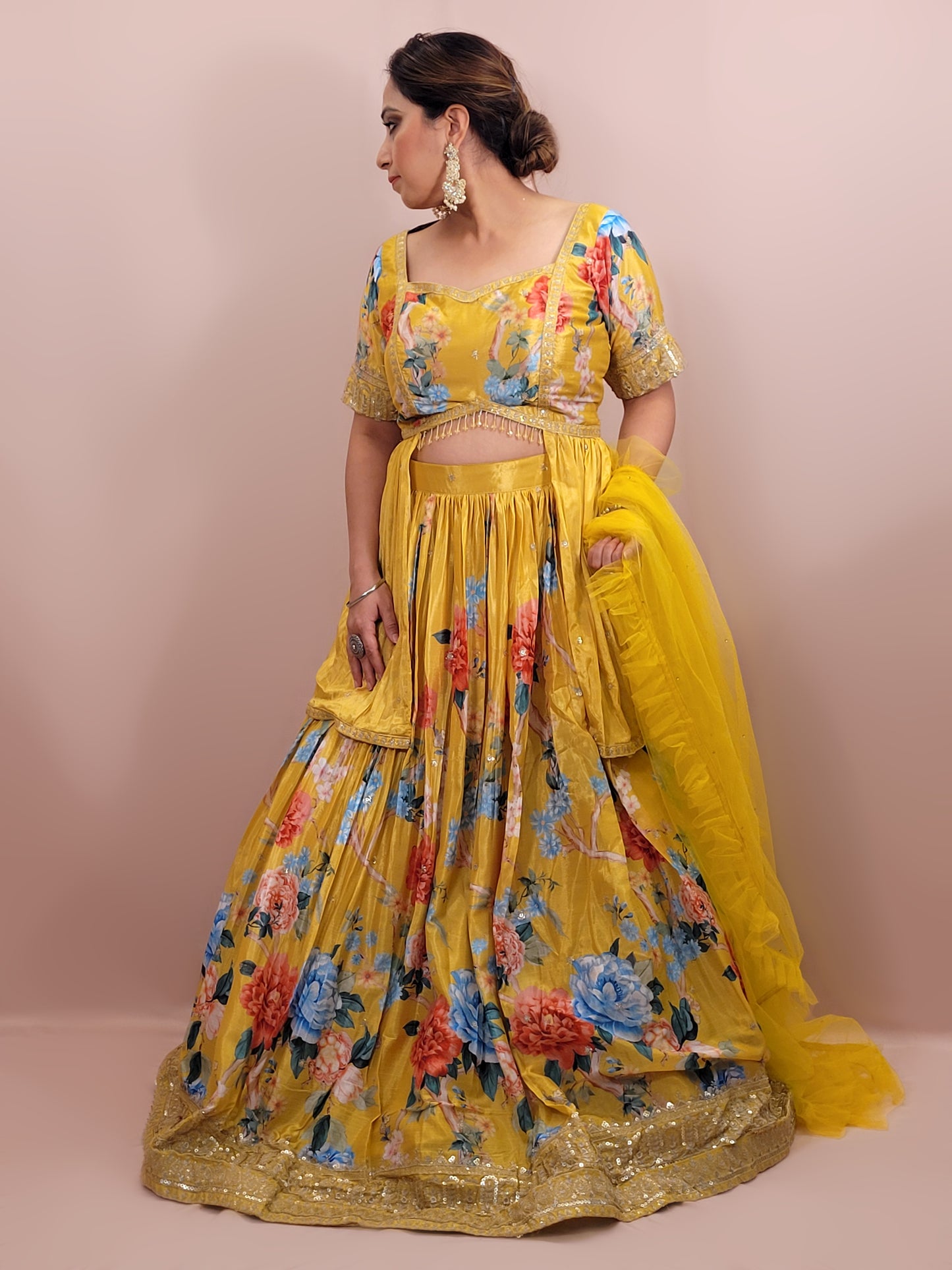 Yellow Multicolor Floral Print Lehenga with Stylish Top