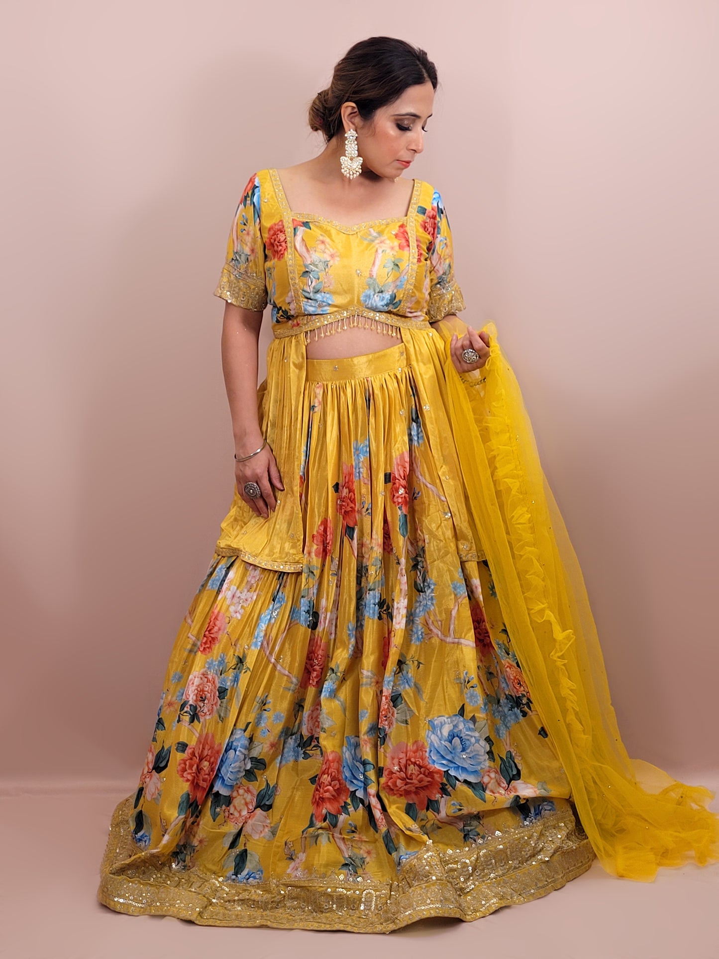 Yellow Multicolor Floral Print Lehenga with Stylish Top