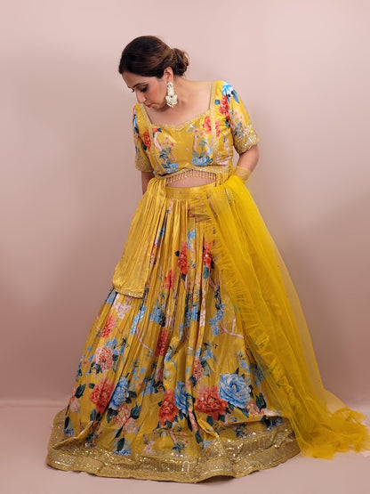 Yellow Multicolor Floral Print Lehenga with Stylish Top