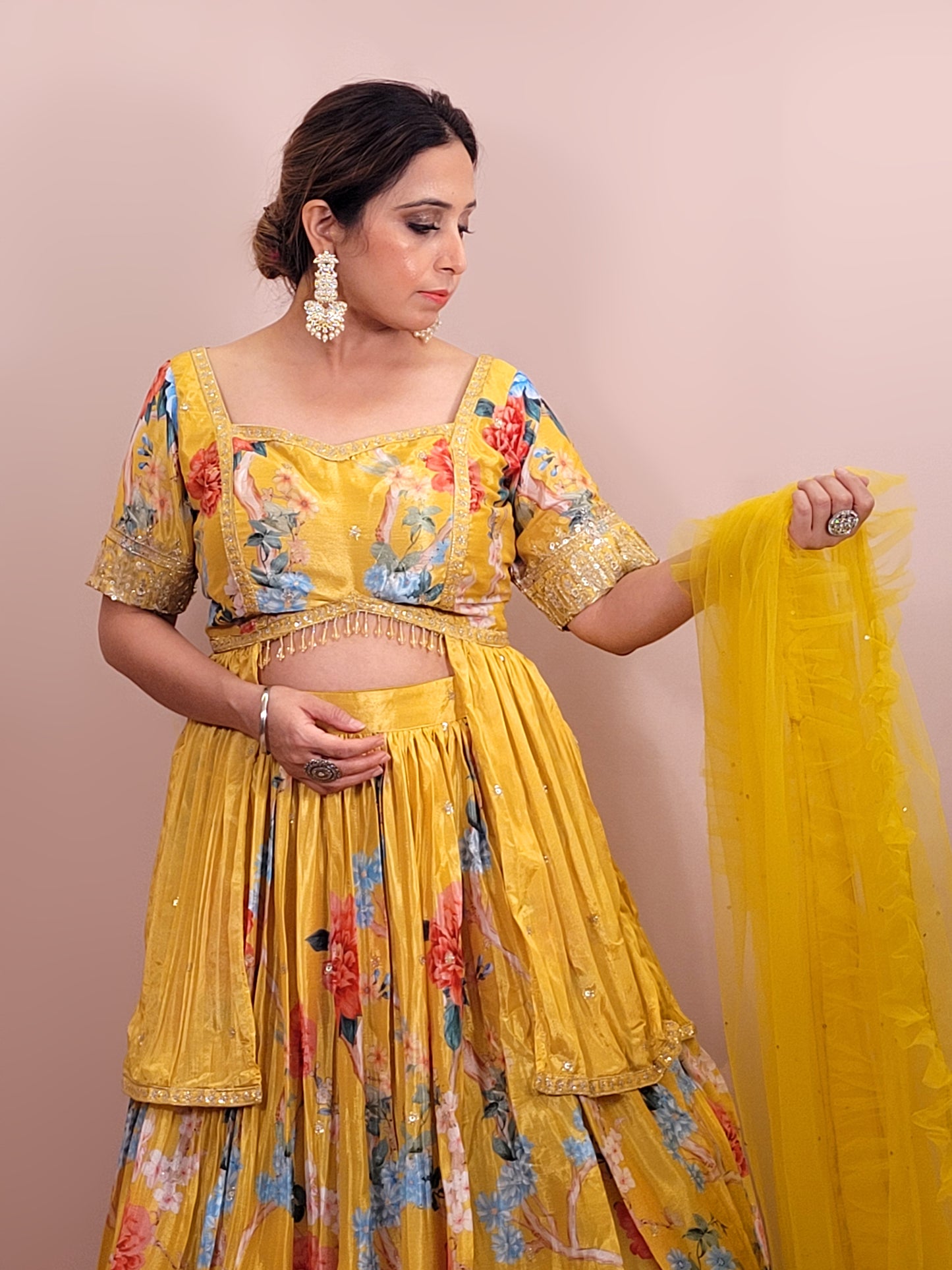 Yellow Multicolor Floral Print Lehenga with Stylish Top