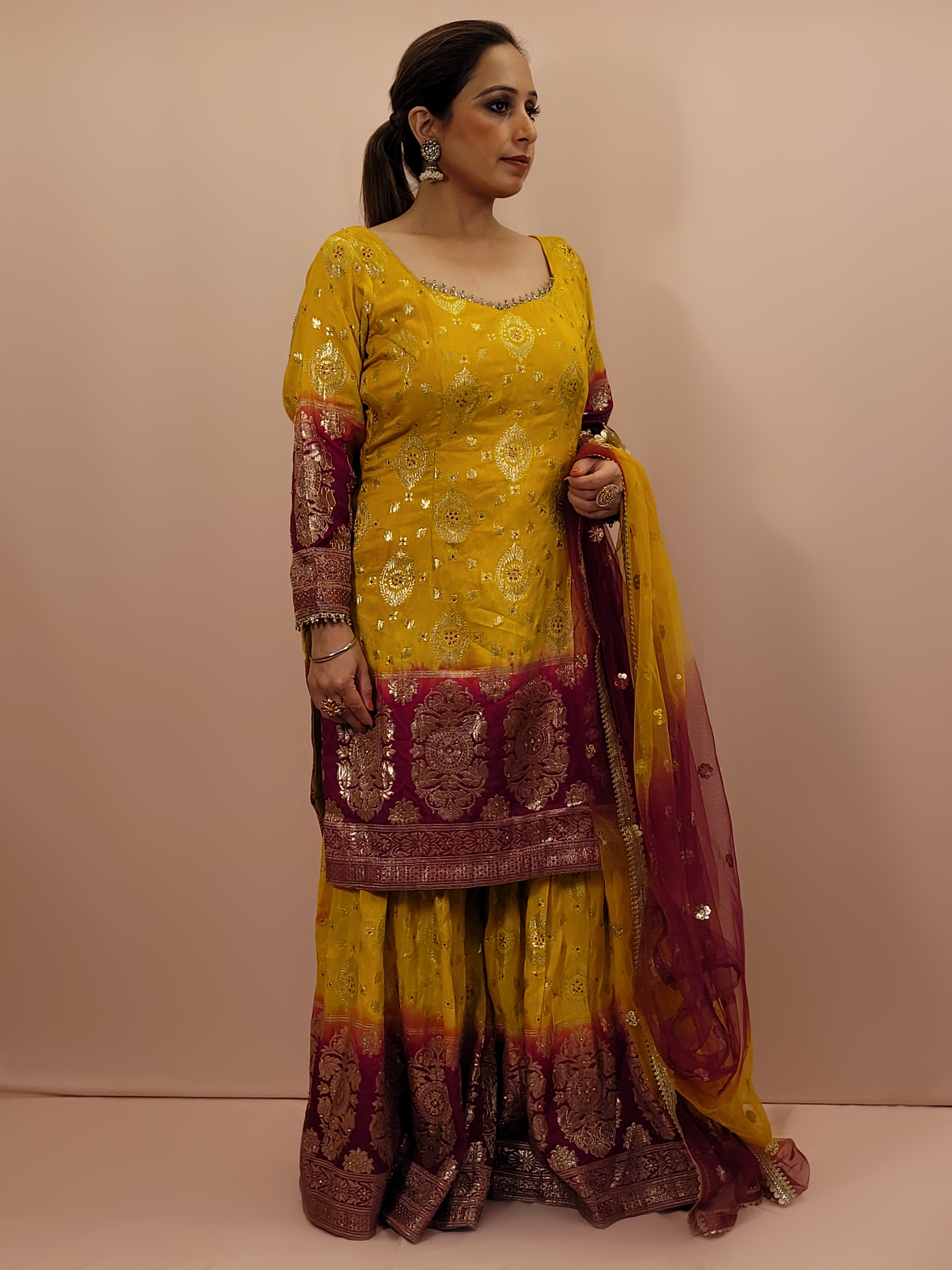 Banarasi Mustard Yellow and Maroon Sharara Suit with Matching Dupatta SAKSHI The Wedding Store