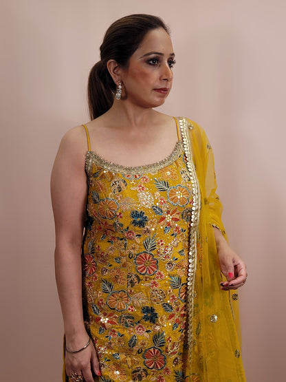 Step into the spotlight with our stunning Yellow Sharara Suit, crafted from luxurious chinnon fabric that offers a beautiful sheen and soft drape. This ensemble is perfect for festive occasions, weddings, and celebratory events, ensuring you stand out with grace and style.