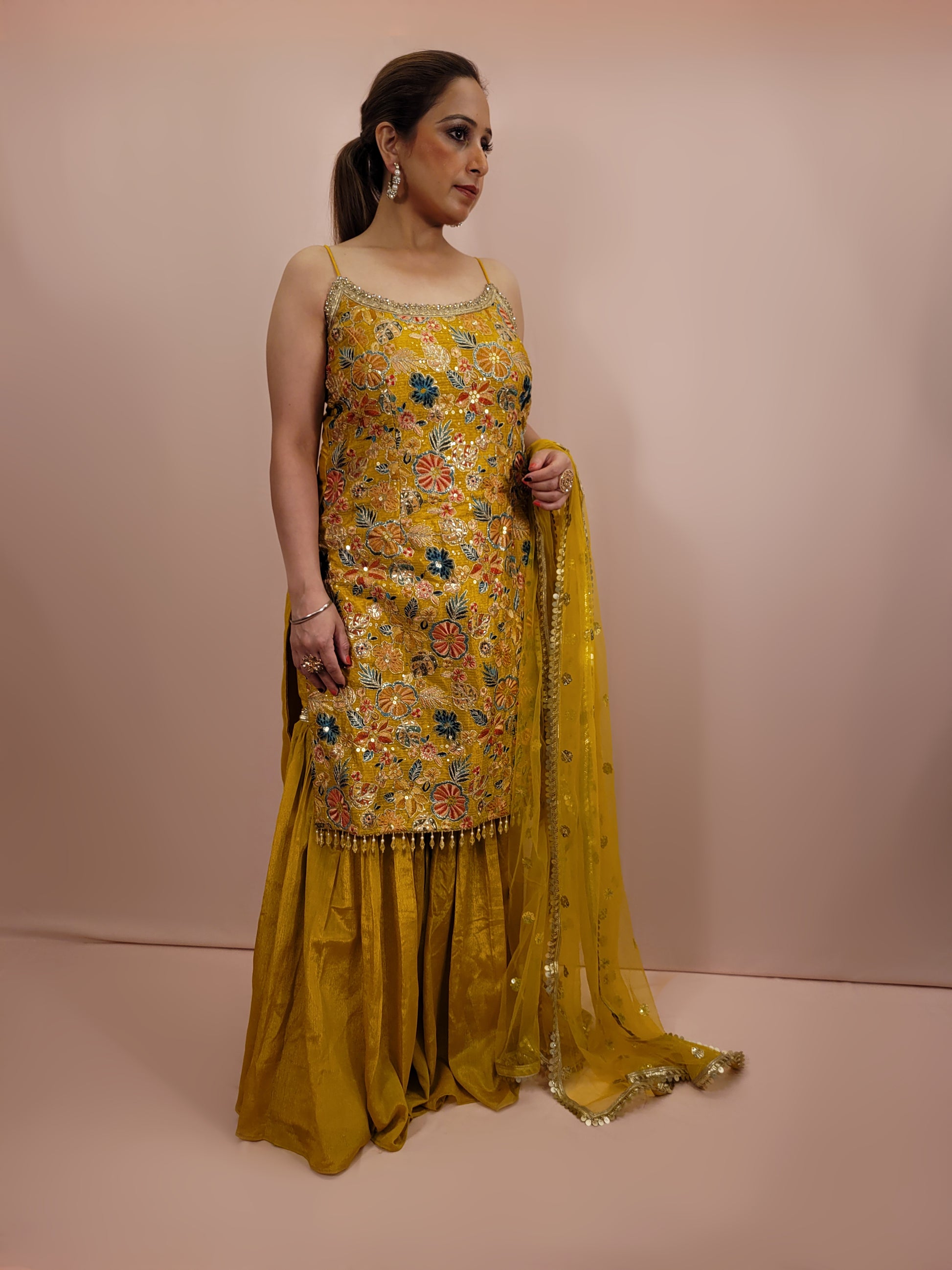 Step into the spotlight with our stunning Yellow Sharara Suit, crafted from luxurious chinnon fabric that offers a beautiful sheen and soft drape. This ensemble is perfect for festive occasions, weddings, and celebratory events, ensuring you stand out with grace and style.