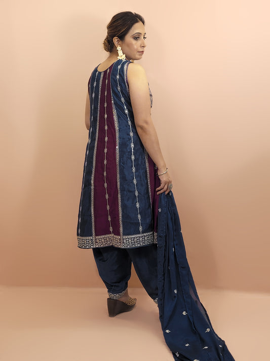 Navy Blue and Wine Pakistani Anarkali with Tulip Pants