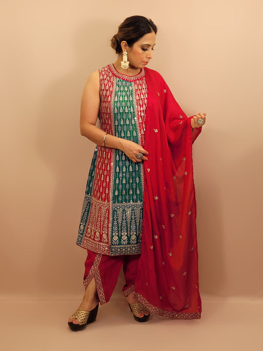 Red and Rama Green Pakistani Anarkali with Tulip Pants. Zari Work on Kameez, Bottom and Dupatta.