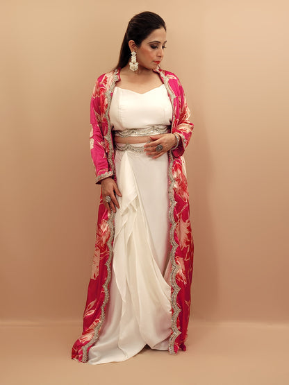 White Indo-Western Top and Cowl Skirt with Rani Digital Print Shrug.