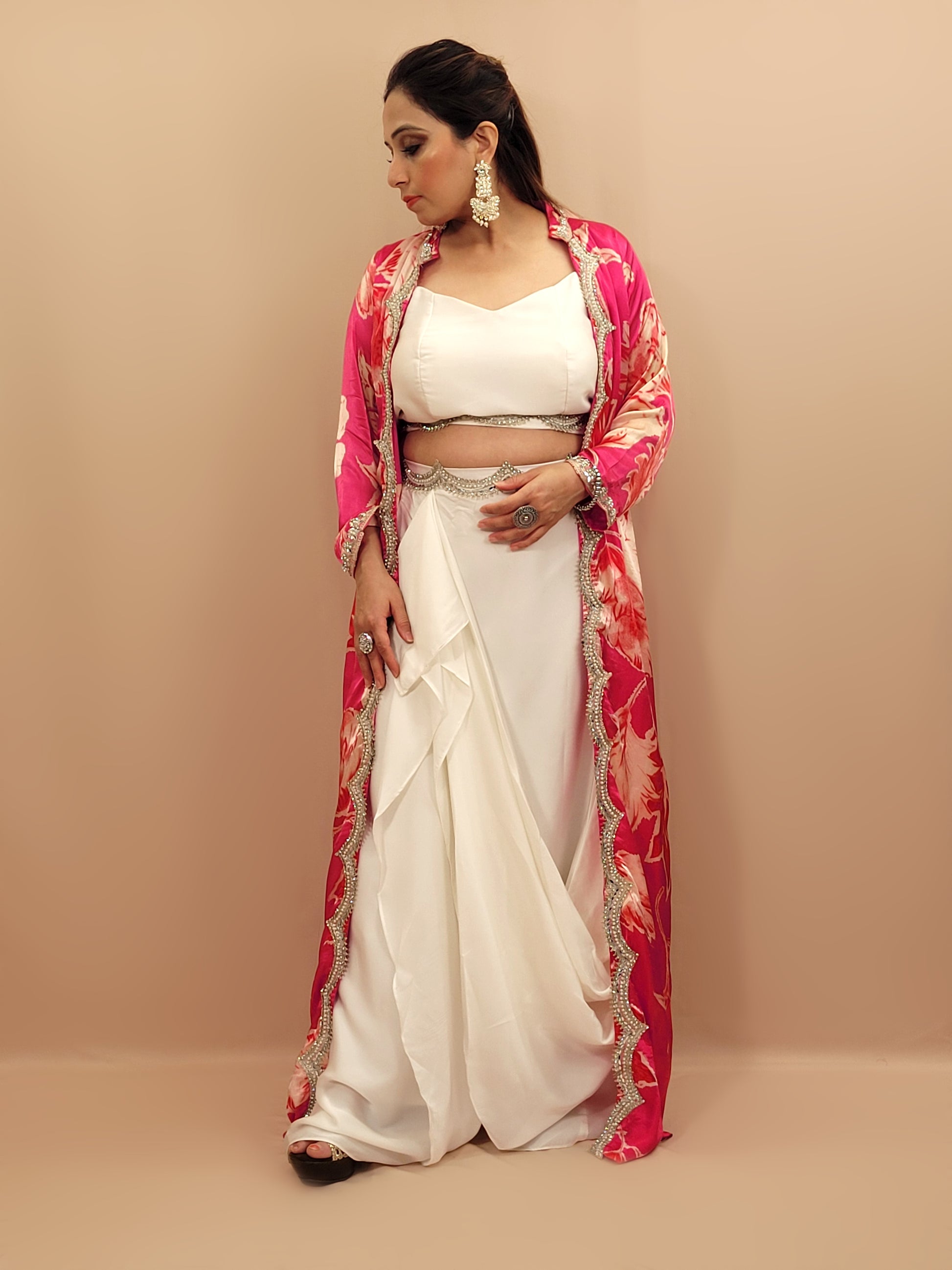 White Indo-Western Top and Cowl Skirt with Rani Digital Print Shrug.