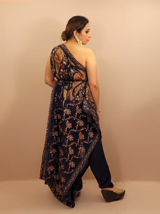 One Sided Blue Kaftaan Dress. Multi Color Digital Print Organza Brasso Kaftan with Mirror Work Belt. Matching Pants.