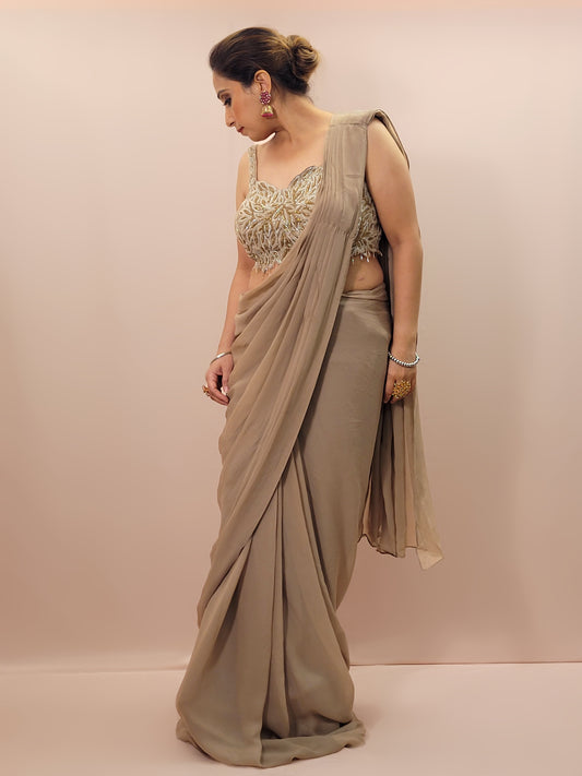 Beige Ready To Wear Saree with Heavy Blouse. Glass Beads Handwork Blouse.