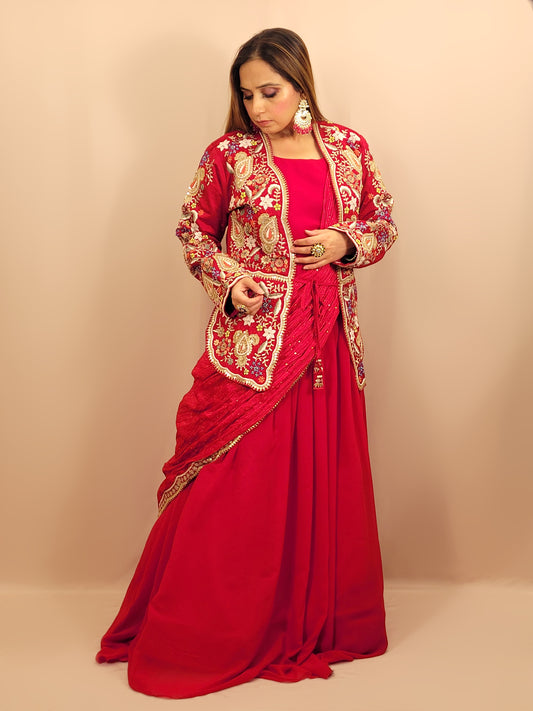 Red &nbsp;Georgette Gown with Saree Drape and Designer Shrug.Chinnon Drape. Heavy embroidered shrug with muticolor resham work enhanced with sequins and beads.