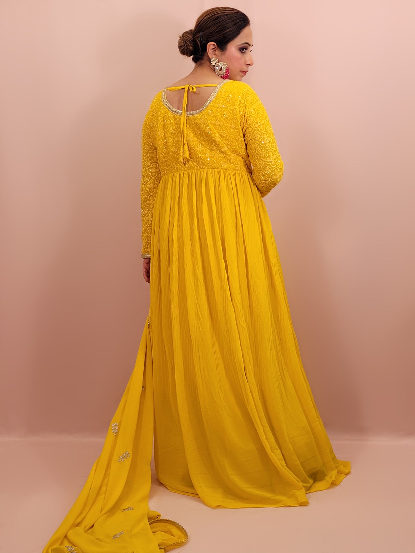 Elegant Yellow Chinnon Anarkali Suit with matching Chikan work Choli. Georgette Embroidered Dupatta. Stylish and Elegant.