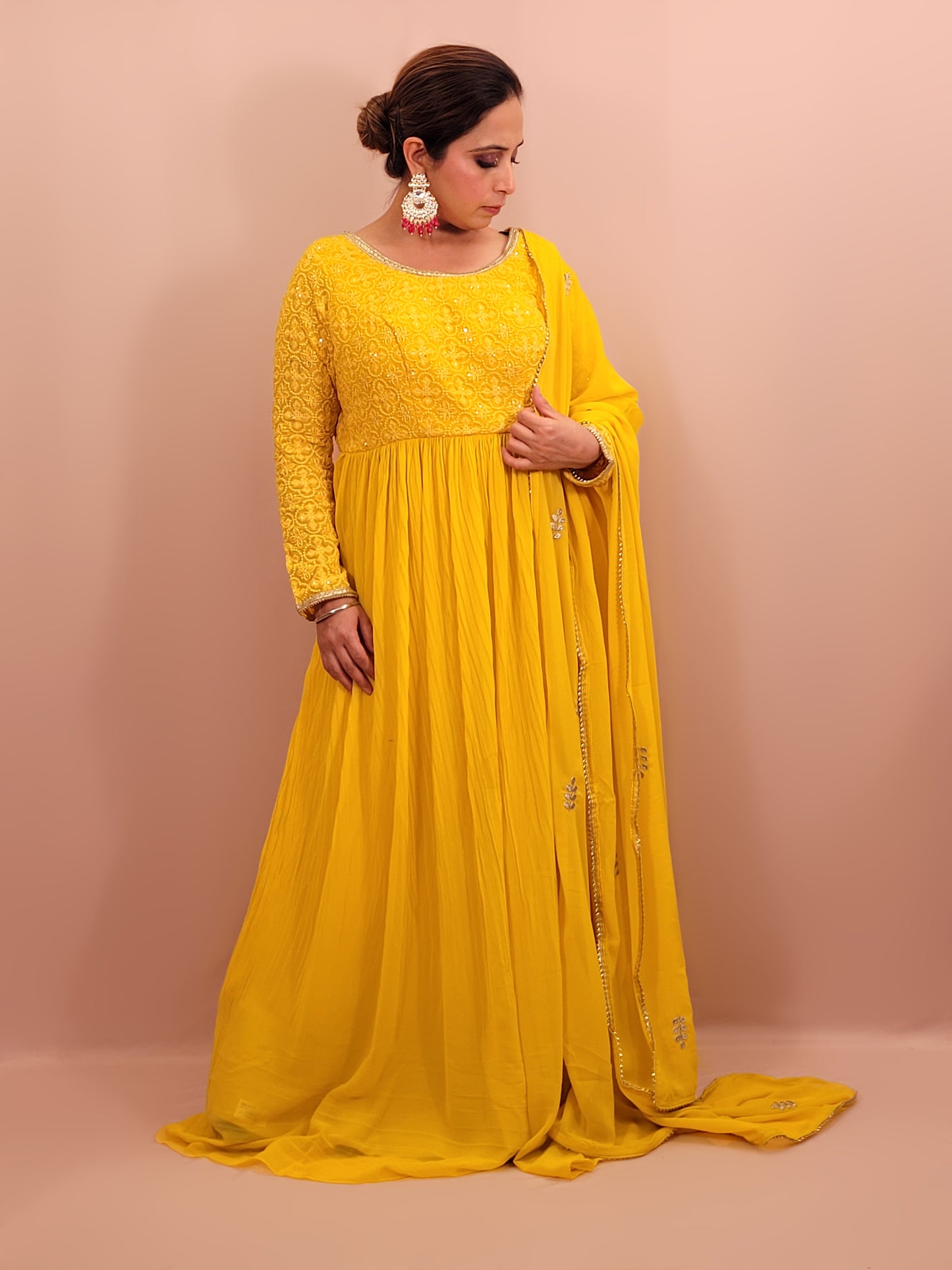 Elegant Yellow Chinnon Anarkali Suit with matching Chikan work Choli. Georgette Embroidered Dupatta. Stylish and Elegant.