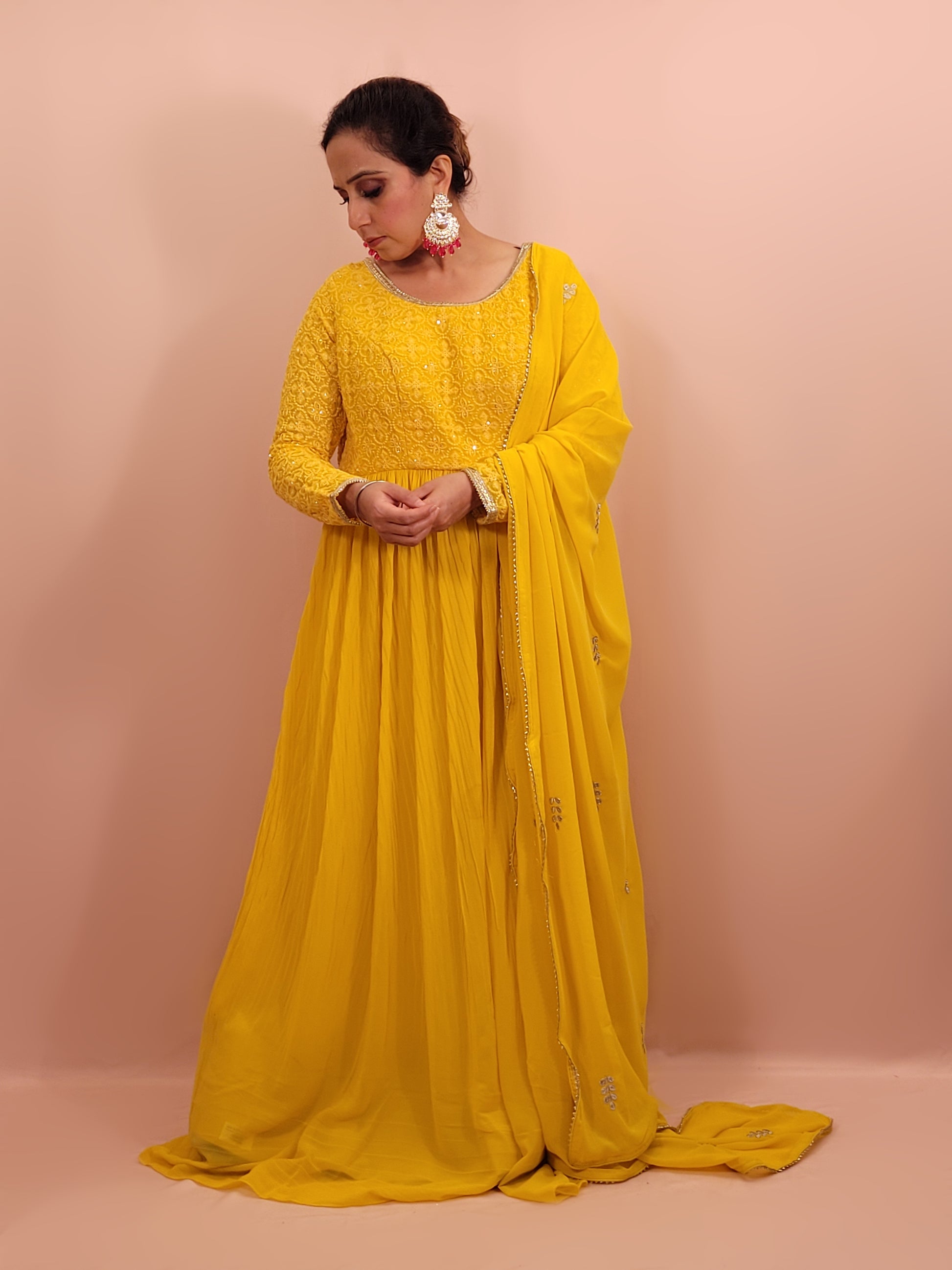 Elegant Yellow Chinnon Anarkali Suit with matching Chikan work Choli. Georgette Embroidered Dupatta. Stylish and Elegant.