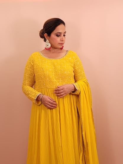 Elegant Yellow Chinnon Anarkali Suit with matching Chikan work Choli. Georgette Embroidered Dupatta. Stylish and Elegant.