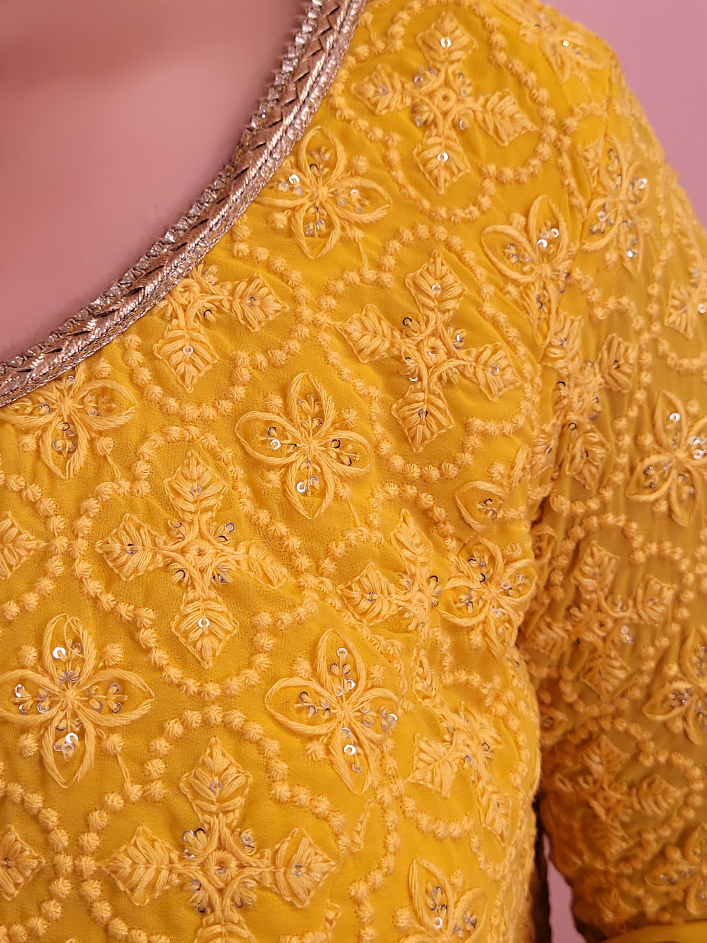 Elegant Yellow Chinnon Anarkali Suit with matching Chikan work Choli. Georgette Embroidered Dupatta. Stylish and Elegant.