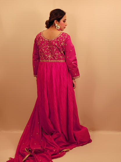 Rani Pink Full Sleeve Chinnon Anarkali Suit. Zari and Sequins Embroidery on Choli. Full Sleeves with Work. Dupatta Work.