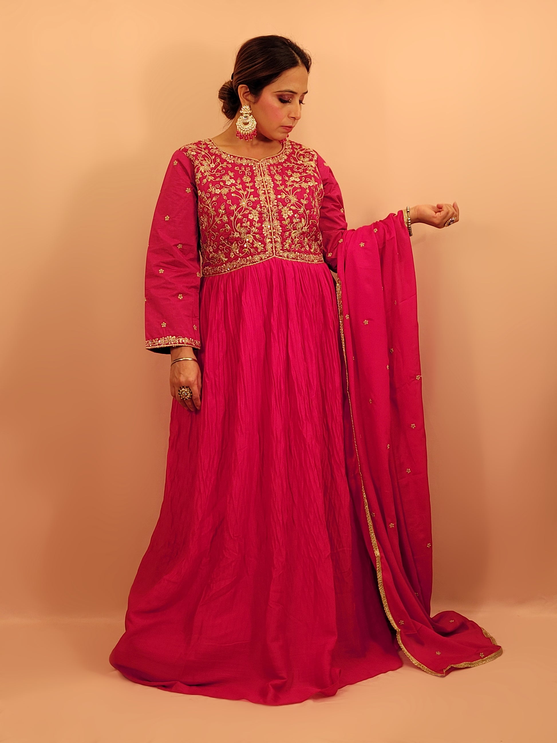 Rani Pink Full Sleeve Chinnon Anarkali Suit. Zari and Sequins Embroidery on Choli. Full Sleeves with Work. Dupatta Work.