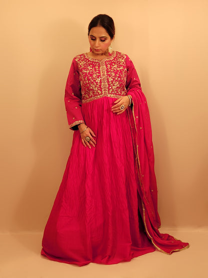 Rani Pink Full Sleeve Chinnon Anarkali Suit. Zari and Sequins Embroidery on Choli. Full Sleeves with Work. Dupatta Work.