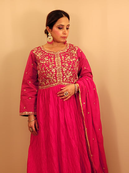 Rani Pink Full Sleeve Chinnon Anarkali Suit. Zari and Sequins Embroidery on Choli. Full Sleeves with Work. Dupatta Work.