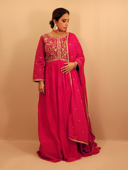 Rani Pink Full Sleeve Chinnon Anarkali Suit. Zari and Sequins Embroidery on Choli. Full Sleeves with Work. Dupatta Work.