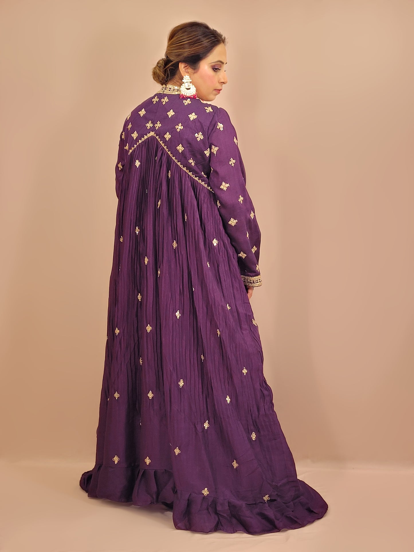 Purple Designer Chinnon Anarkali Suit. Full Sleeves with Work. Net Dupatta.