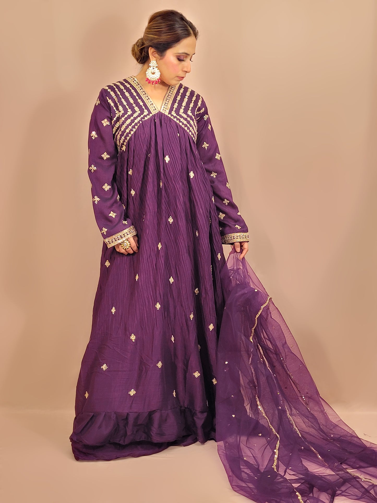 Purple Designer Chinnon Anarkali Suit. Full Sleeves with Work. Net Dupatta.