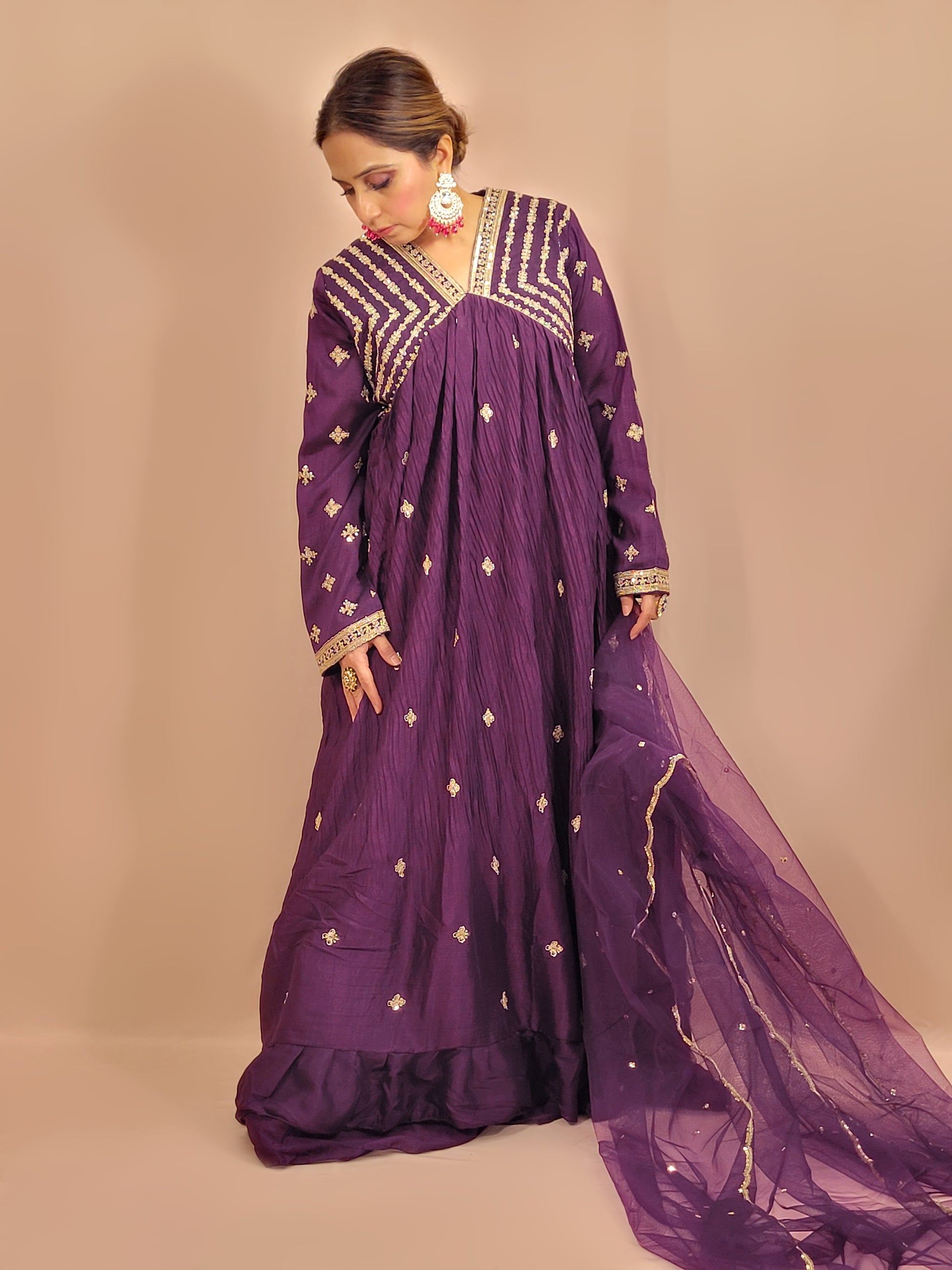 Purple Designer Chinnon Anarkali Suit. Full Sleeves with Work. Net Dupatta.