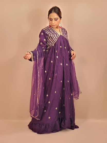 Purple Designer Chinnon Anarkali Suit. Full Sleeves with Work. Net Dupatta.