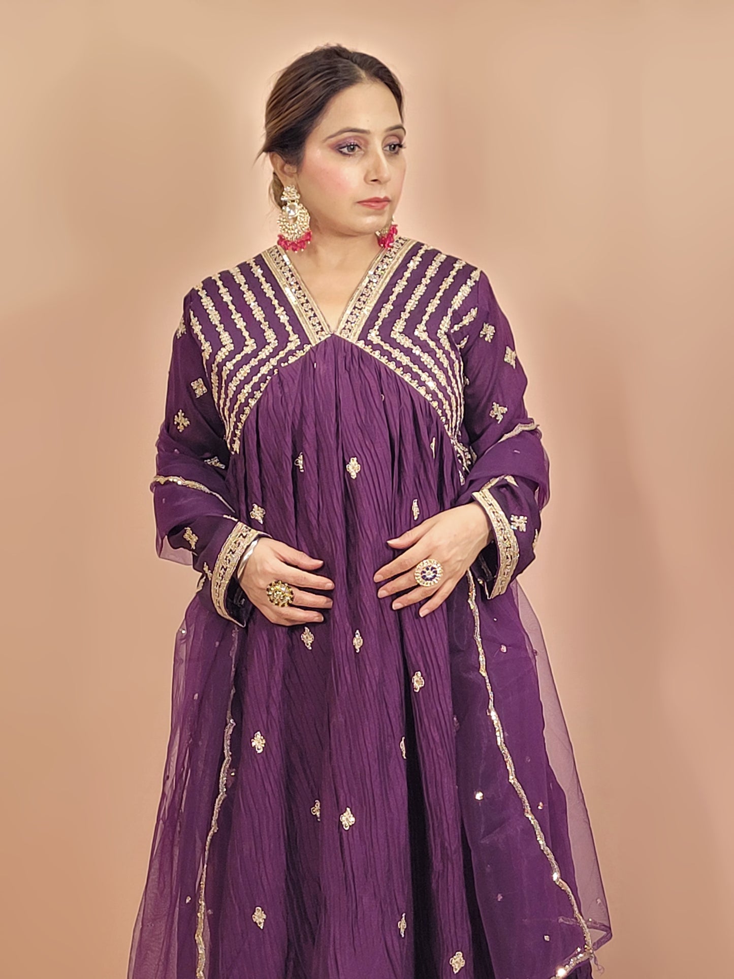 Purple Designer Chinnon Anarkali Suit. Full Sleeves with Work. Net Dupatta.