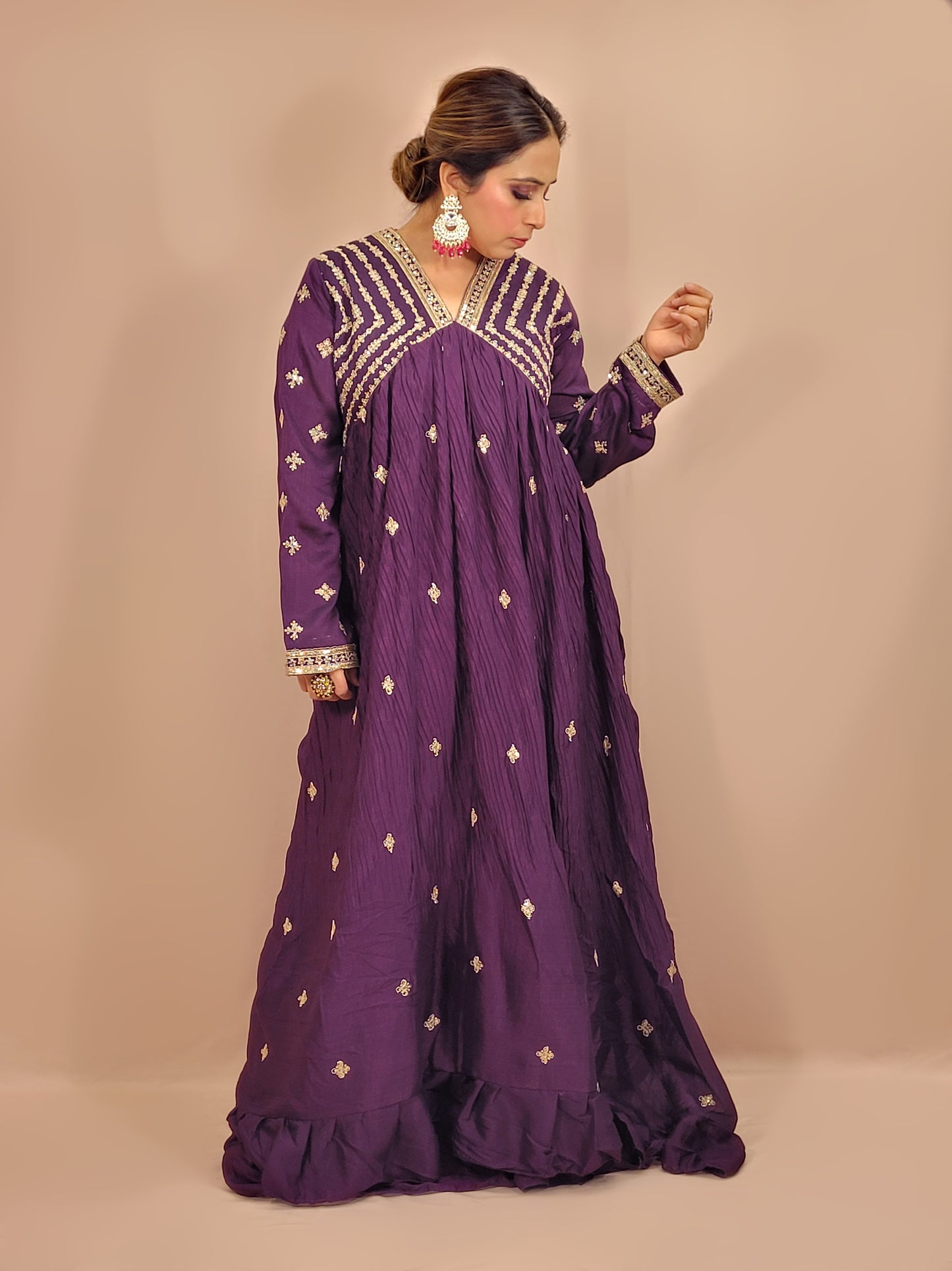 Purple Designer Chinnon Anarkali Suit. Full Sleeves with Work. Net Dupatta.