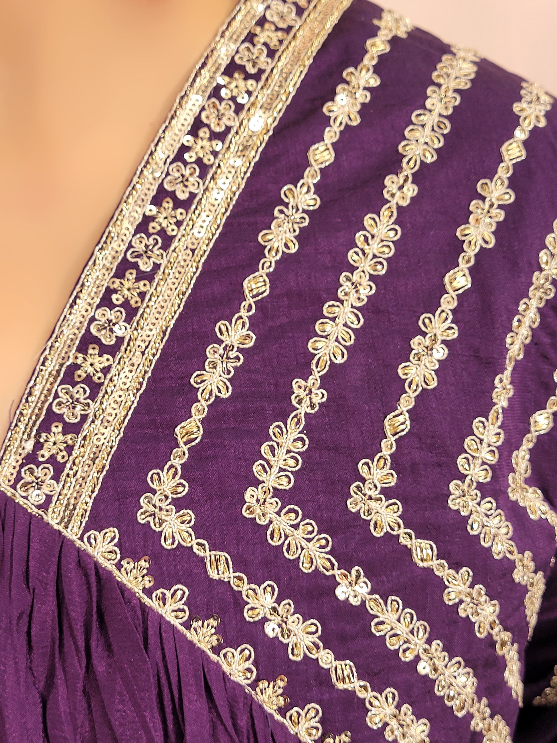 Purple Designer Chinnon Anarkali Suit. Full Sleeves with Work. Net Dupatta.