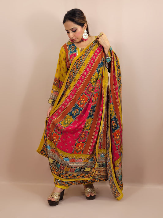 Mustard Yellow Pakistani Lahori Straight Suit with Pants . Highlighted with mirror and&nbsp; badla zari.