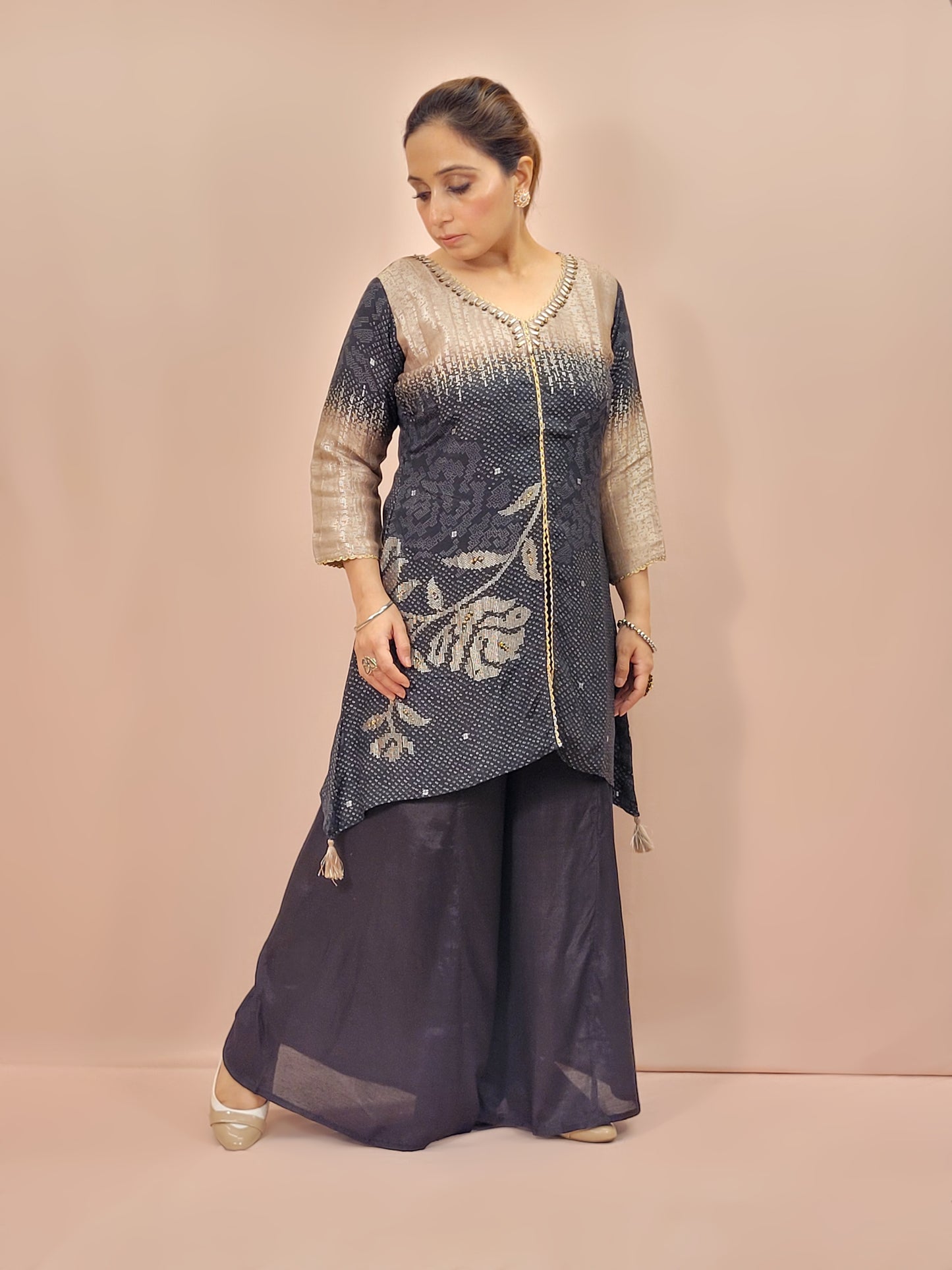 Black and Gold Banarasi Indowestern Dress. . Three Quarter Sleeves. Pallazo Pants.