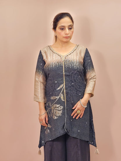 Black and Gold Banarasi Indowestern Dress. . Three Quarter Sleeves. Pallazo Pants.