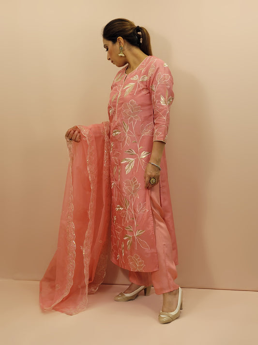 Muslin Pink Straight Suit with Resham and Badla work. Matching Organza Dupatta with embroidered borders.